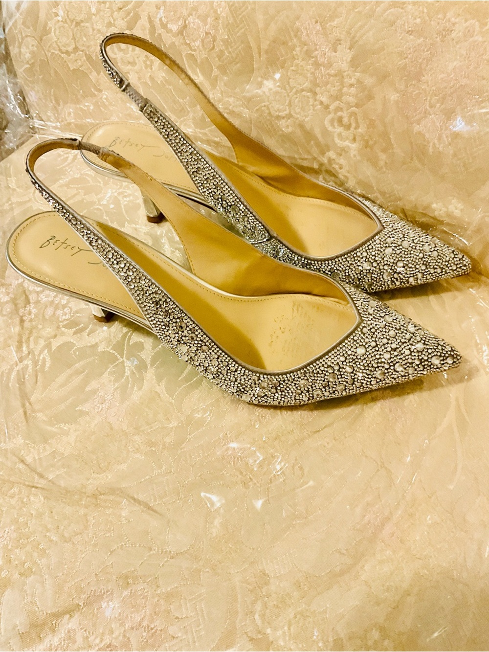 Betsey Johnson Silver Rhinestone Pointed Slingback Kitten Heels, 2.25” heels